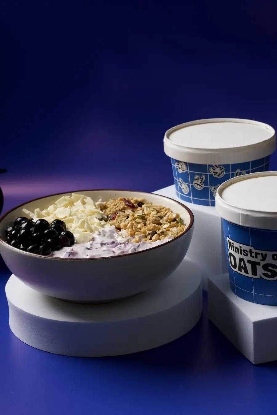 A bowl of blueberries and granola beside two Ministry of Oats tubs.